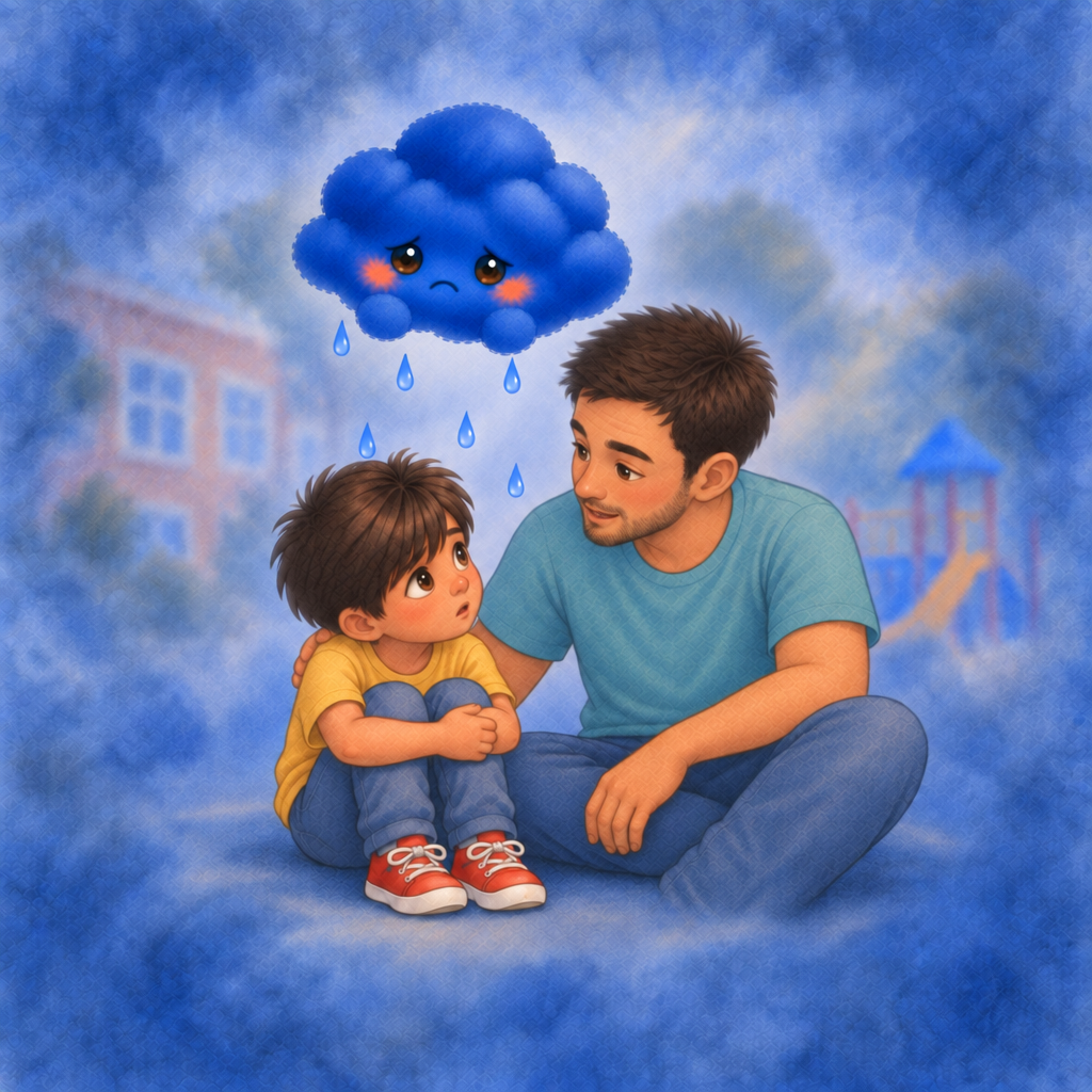 Watercolor page from When the Tears Come: Niko sits curled with knees to his chest while Daddy sits close with an arm around his shoulder and a small blue cloud raining gently above them