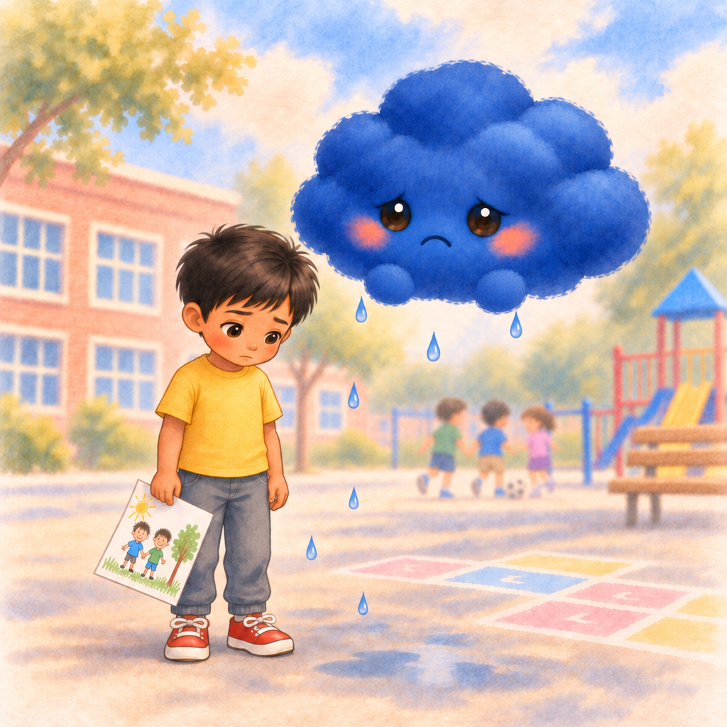 Watercolor page from When the Tears Come: Niko holds his drawing of two boys under a sun on a schoolyard while a blue Nimbus cries raindrops beside him and other children play soccer behind