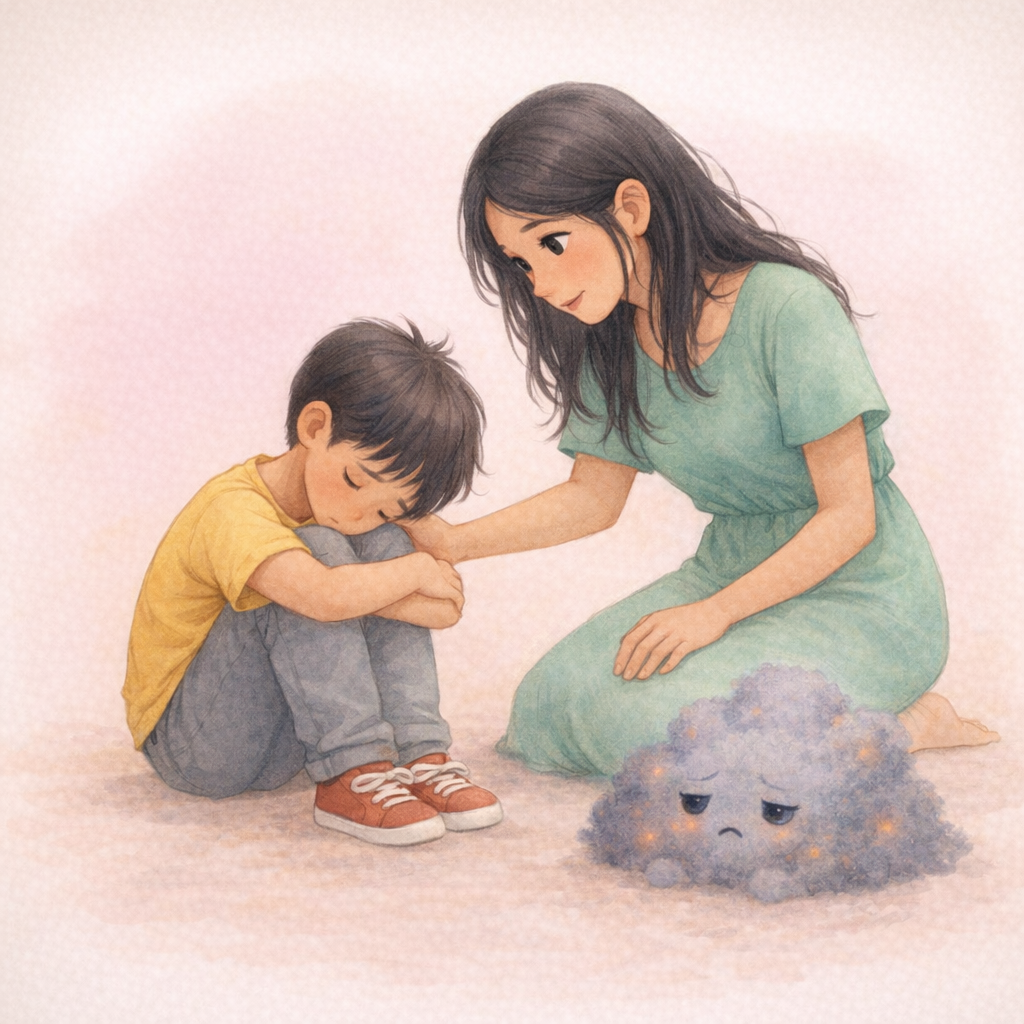 Watercolor page from When the Storm Comes: Niko sits curled with his head resting on his arms while Mama kneels close with a hand on his shoulder, and a dusky lavender Nimbus with small glowing embers rests on the floor beside them