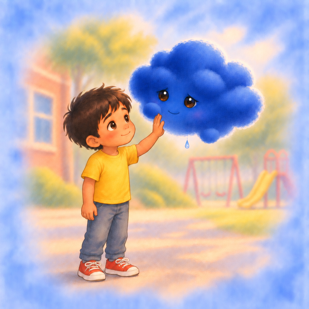 Watercolor page from When the Tears Come: Niko smiles and rests his hand on the cheek of a soft blue Nimbus that smiles back, one last drop falling, warm sunlight over an empty playground